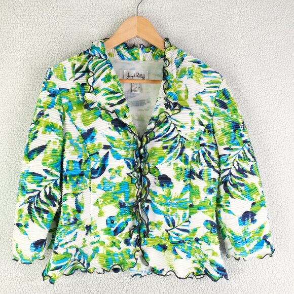 Joseph Ribkoff Top Womens 10 Green Blue Floral Ruffle Trim Knit Ribbed - Picture 1 of 9